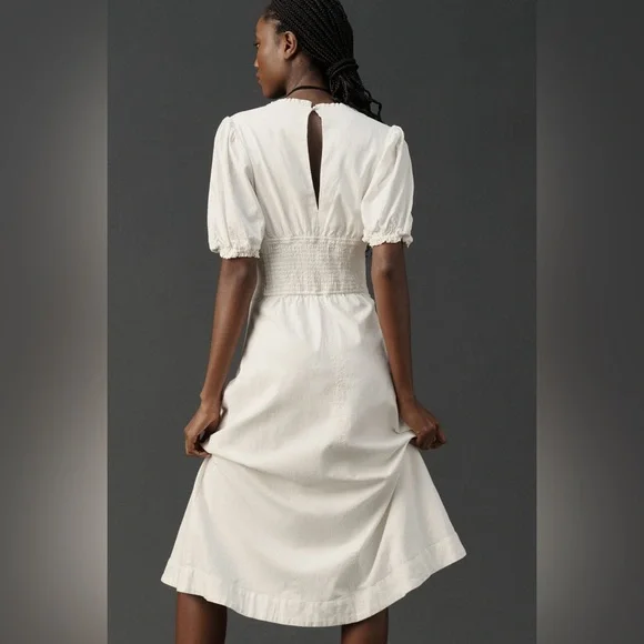 Puff-Sleeve Corset Linen Midi Dress - Picture 4 of 8